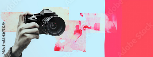 creative collage of hand holding camera on artistic red background with empty space for text