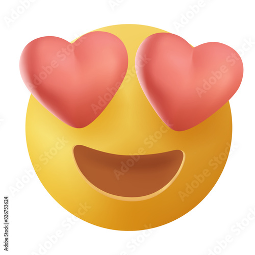 Emoji with hearts in eyes. In love emoticon, yellow face with heart eyes and open smile Love, excited emoji. 3D stylized vector icon