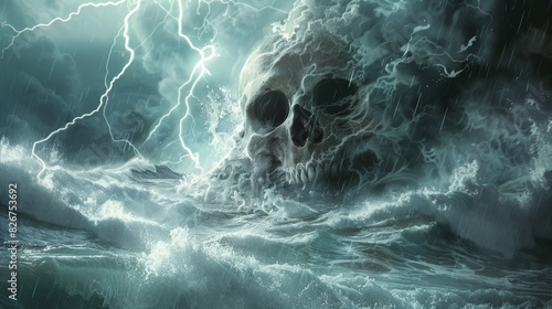 Giant Skull Emerging from Stormy Ocean 