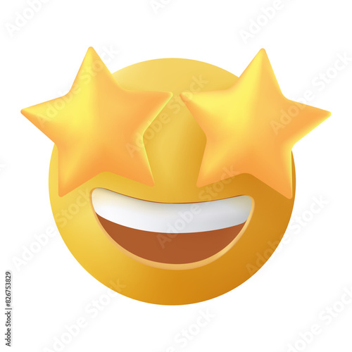 Starry eyed emoji. Love, excited emoji. Golden stars for eyes excited emoticon with open smile 3D stylized vector icon. Avatar kawaii style.