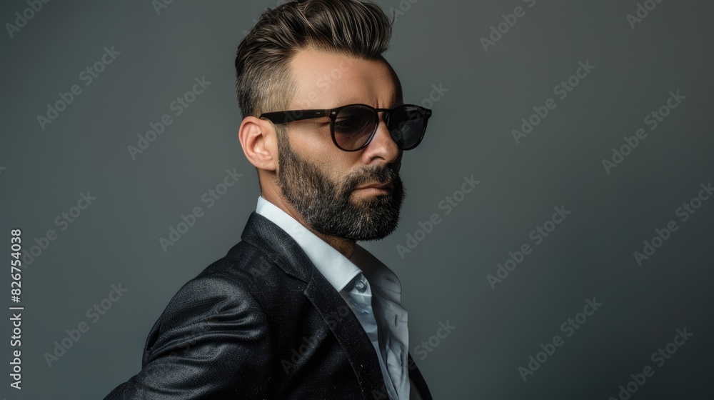 Obraz premium Stylish man with sunglasses posing against grey background viewed from the side