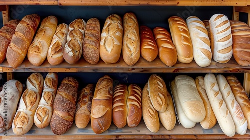 Different Bread Baguettes and Loaves on Supermarket Shelves