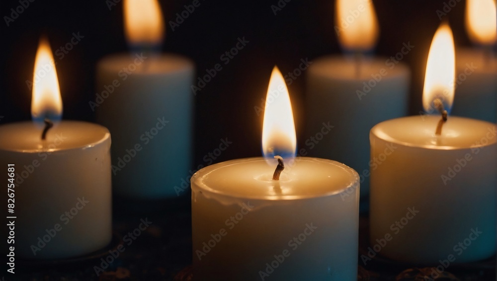 White candles burning in the dark, highlighting one in the foreground. White candles burning in the dark, highlighting one in the foreground.