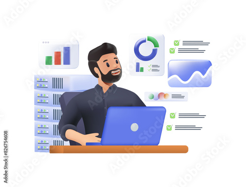 Analytics and data science abstract 3D concept vector illustration. Big data, machine learning control, computer science, predictive analytics, perform statistics, dashboard software abstract metaphor
