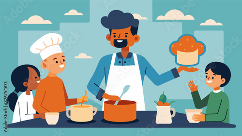 An amateur chef hosting a cooking class for homeless individuals teaching them how to make a simple and delicious homemade soup.. Vector illustration