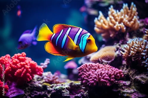 A Close-Up View Of An Exotic Fish Swimming Amongst Coral Reefs. Generative AI