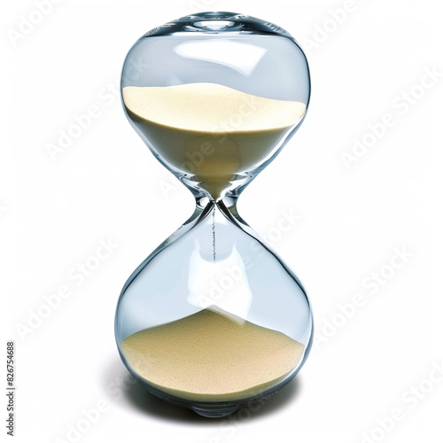 An hourglass with a clear glass structure is shown against a white background. The upper globe of the hourglass contains a quantity of sand that has partially drained into the lower globe, indicating 