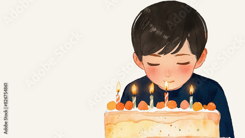 Illustration of a boy blowing candles on his birthday cake with copy space cocnept ofbirthday, cake, candle, anniversary, celebrate, celebration, little kid, child, photo