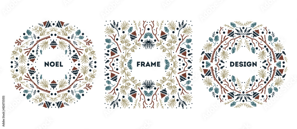 Luxury Christmas frame set, abstract sketch winter floral design templates. Square, holly backgrounds with fir tree. Use for package, branding, decoration, banners