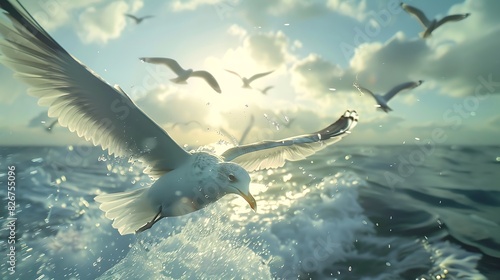 Landscape view of seagulls flying over the ocean
