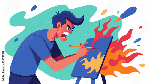 A man using his fingers to smear bold and vibrant paint strokes onto a canvas releasing his pentup anger and frustration through the physical act of. Vector illustration