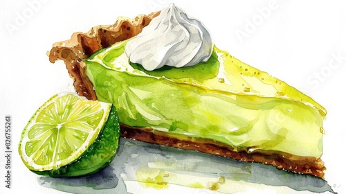Key Lime Pie Slice with Creamy Topping Watercolor Illustration on White Background
