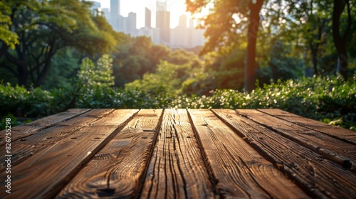 An empty wooden table with a warm, focused foreground, overlooking a blurry park and cityscape in the distance