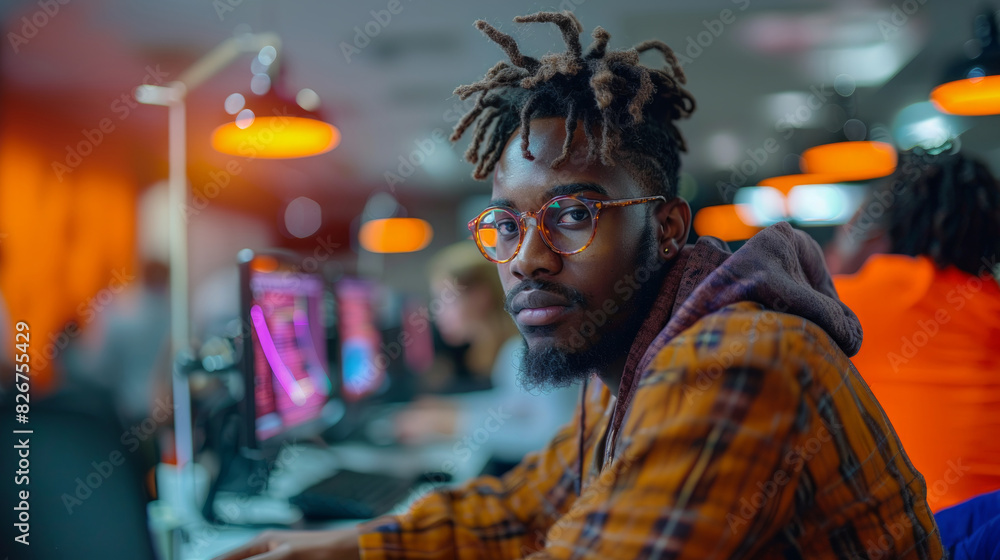 A young man with dreadlocks and glasses looks focused while working on a computer in a vibrant office A young man with dreadlocks and glasses looks focused while working on a computer in a vibrant office