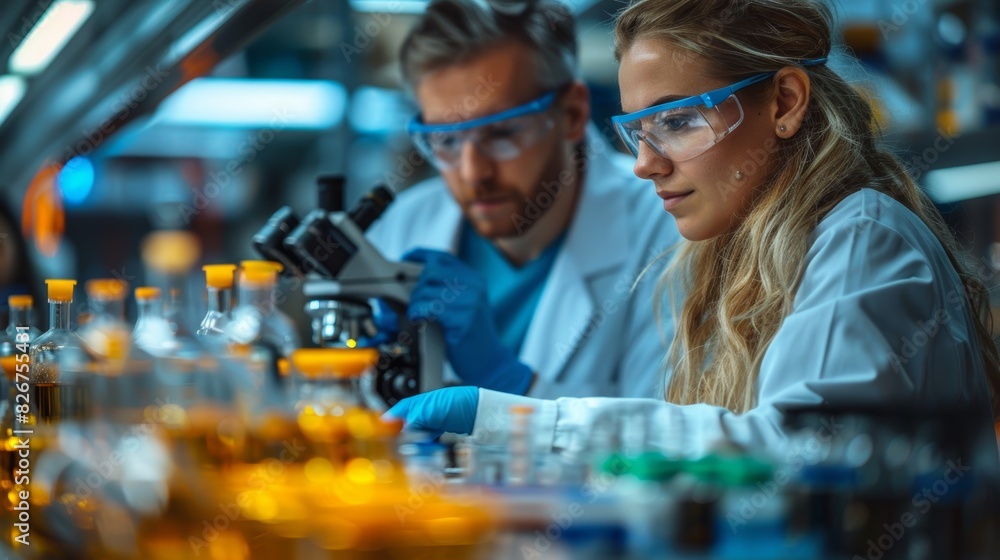 Two focused scientists work with microscopes and lab equipment, illustrating research and discovery Two focused scientists work with microscopes and lab equipment, illustrating research and discovery