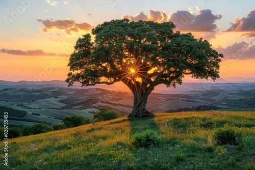 A picturesque golden sunset shines through the branches of an isolated tree on a rolling  flower-covered hill