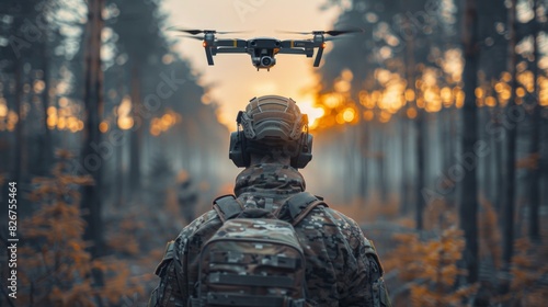 A military operator wearing tactical gear pilots a drone at dusk with a focus on the technology and surveillance photo