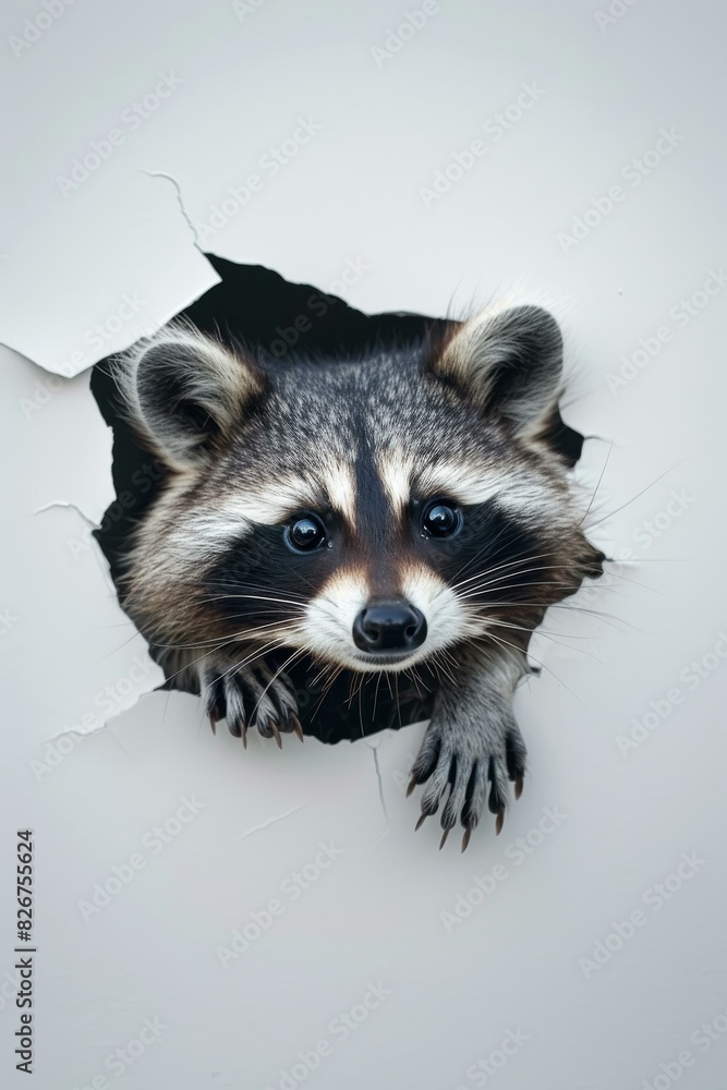Curious raccoon peeking through a hole in the wall with playful expression and bright eyes against plain background Curious raccoon peeking through a hole in the wall with playful expression and bright eyes against plain background