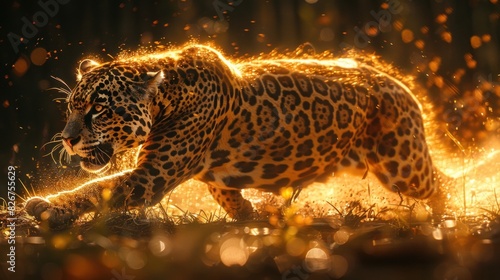 Lightning effect around a pouncing jaguar vintage tone background photo