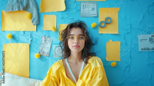 A stylish young woman with glasses surrounded by yellow themed decor and creativity photo