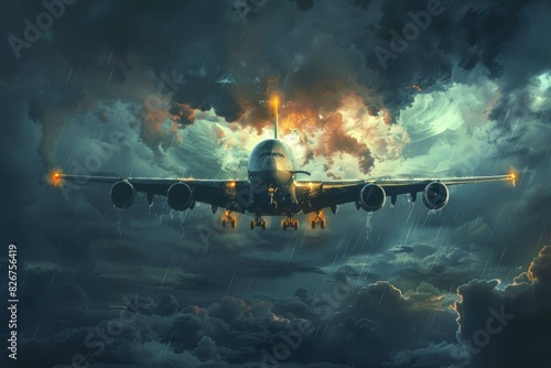 Commercial airliner descends with illuminated lights against the dramatic backdrop of a thunderstorm