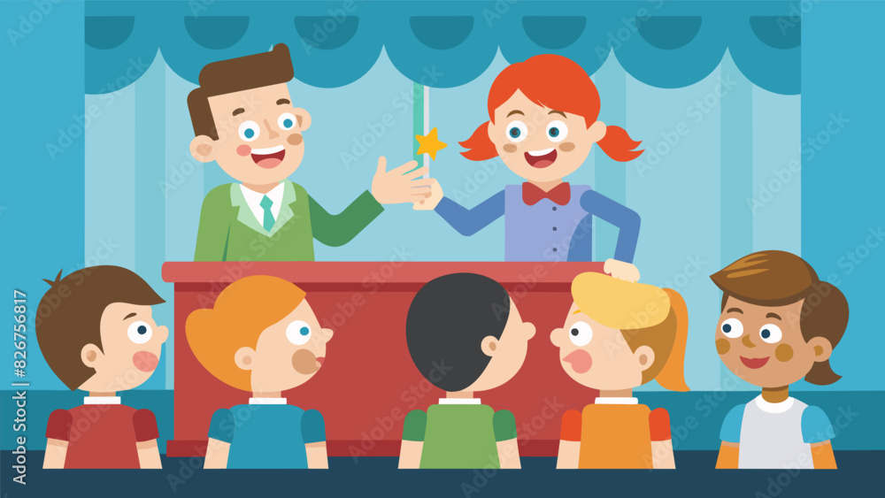 A puppet show created and performed by students with communication disorders to help them practice and improve their speech and language skills.. Vector illustration A puppet show created and performed by students with communication disorders to help them practice and improve their speech and language skills.. Vector illustration