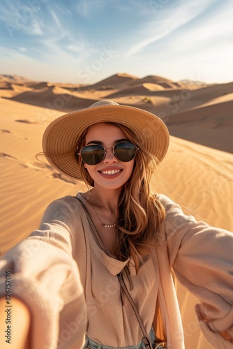 happy woman taking selfie on desert background. Selective focus