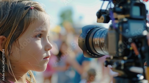 A young girl is happily standing in front of a camera, ready to capture fun memories while traveling. She is excited to share her adventures with others through engineering and optics AIG50 © Summit Art Creations