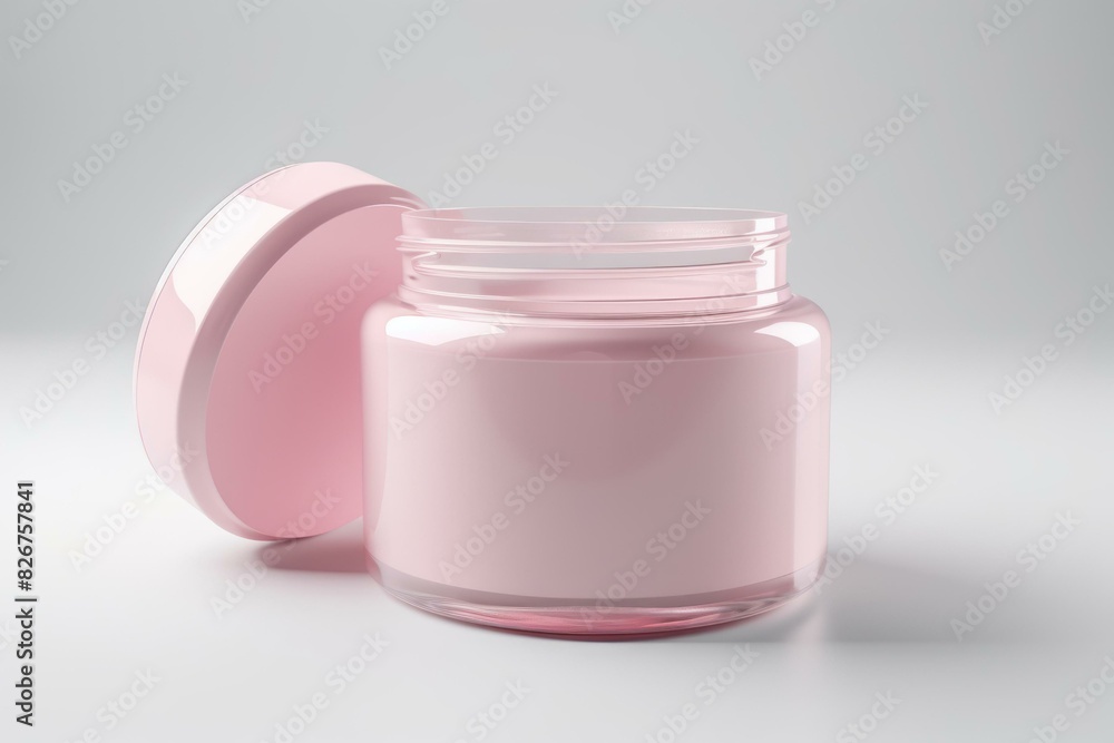 Minimalistic pink beauty jar on a soft neutral background, for branding and cosmetics ads. Minimalistic pink beauty jar on a soft neutral background, for branding and cosmetics ads.