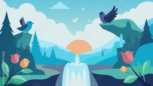 Birds chirping and the distant sound of a waterfall providing a peaceful backdrop for the Easter worship.. Vector illustration