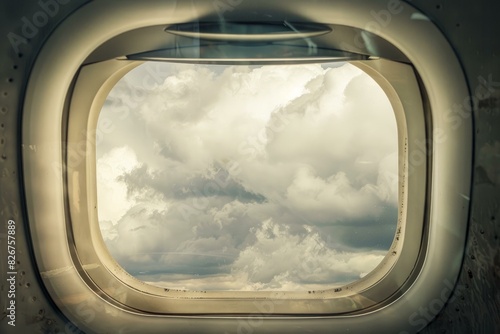 Serene view of fluffy clouds through the oval window of an airplane midflight photo