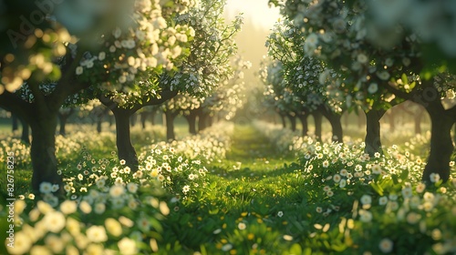 Landscape view of an orchard in full bloom