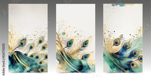 Painted peacock feathers on white background. Elegant watercolor covers set. Space for text. Ink, brush strokes and drops in blue, turquoise and gold color.