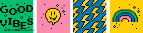 Good vibes collection. Rainbow. Melting smile. Pixel art. Colorful design. Summer icon set. Y2k trendy playful pixelated stickers. Mood of 90's aesthetics. 8-bit retro style vector illustration