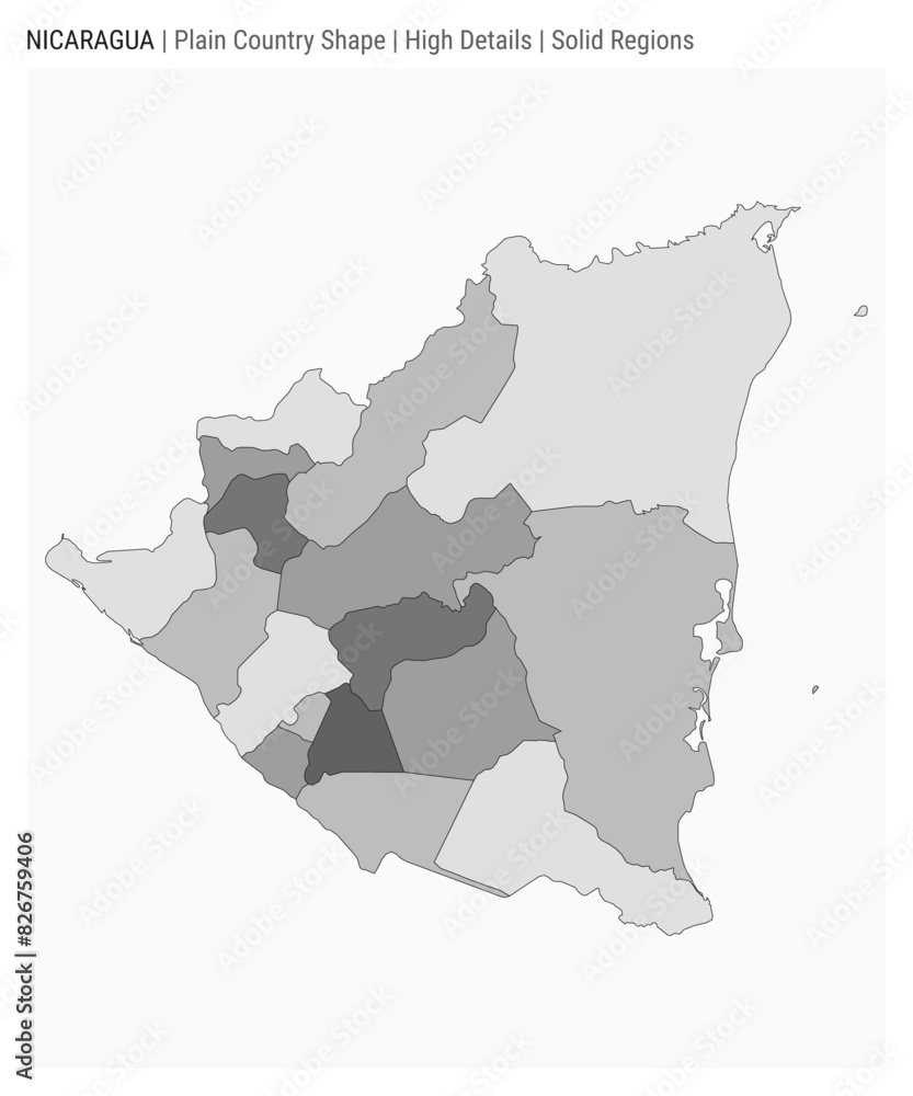 Fototapeta premium Nicaragua plain country map. High details. Solid regions style. Shape of Nicaragua. Vector illustration.