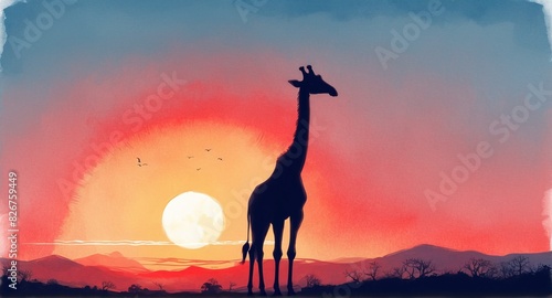 Giraffe in african savannah at sunset © anetlanda