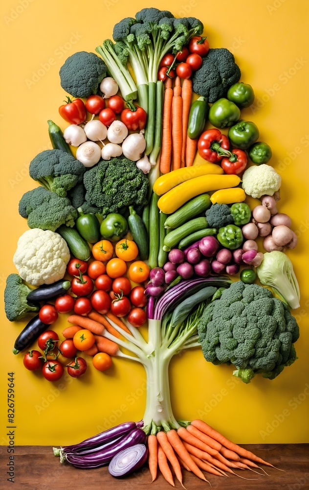 Assorted of vegetables in shape of tree. Flat lay Assorted of vegetables in shape of tree. Flat lay