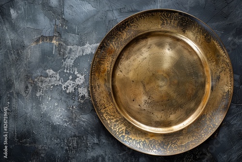 A large gold plate sits on a grey surface
