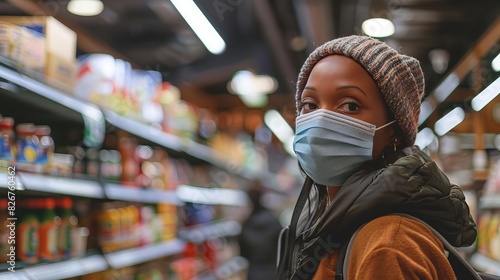 Person wearing a mask and social distancing while grocery shopping, vibrant and realistic, emphasizing safety and caution
