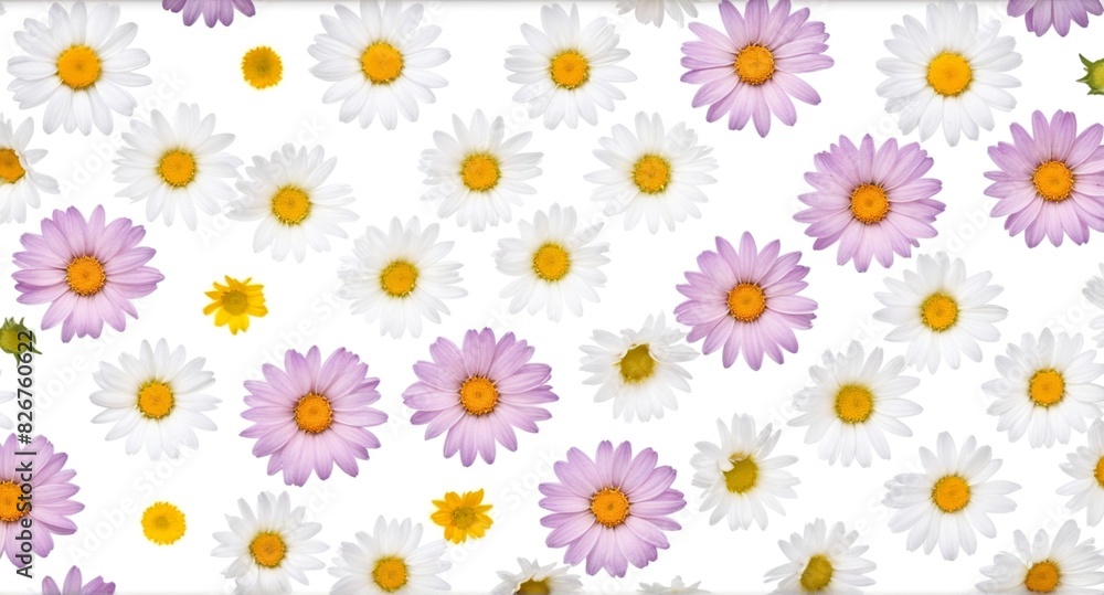 Chamomile flowers collection on white. Set of colorful Chamomile or Daisy flowers background, top view. Floral pattern. Chamomile flowers collection on white. Set of colorful Chamomile or Daisy flowers background, top view. Floral pattern.