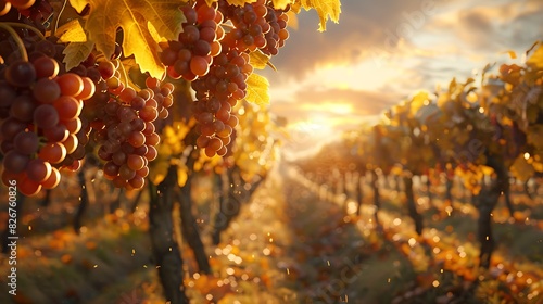 Landscape view of a vineyard in autumn with ripe grapes
