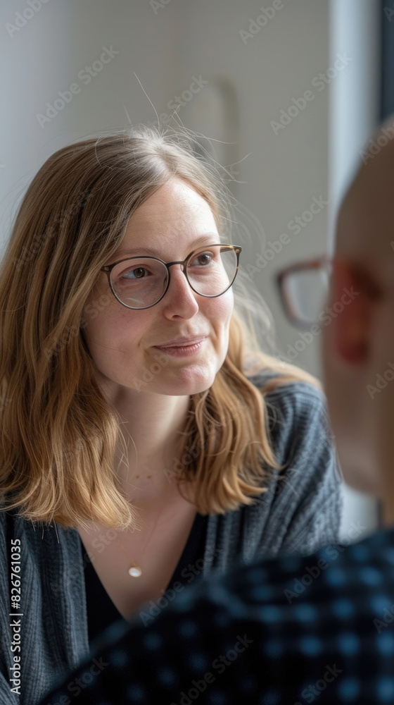 A woman wearing glasses is actively observing a man in the scene A woman wearing glasses is actively observing a man in the scene