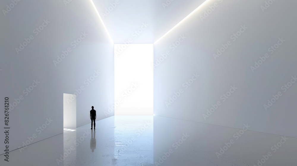 A person is standing in a white room with a bright light shining at the end, creating a stark contrast in the minimalist space A person is standing in a white room with a bright light shining at the end, creating a stark contrast in the minimalist space