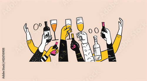 A group of people celebrating holding alcoholic drinks. Friends toasting with drinks