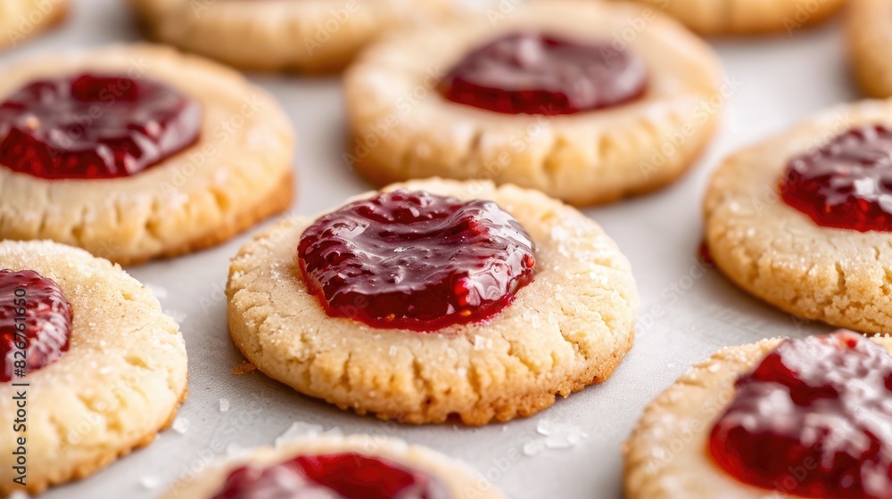 Close up image of cookies topped with strawberry jam on a white background Close up image of cookies topped with strawberry jam on a white background