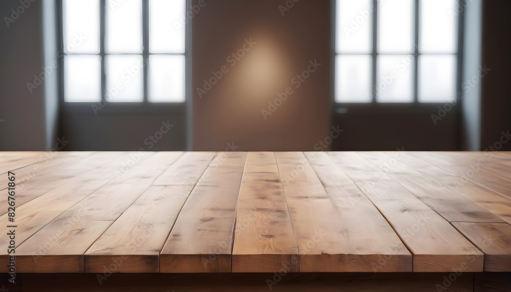 empty wooden table on background of wall with large windows inside room