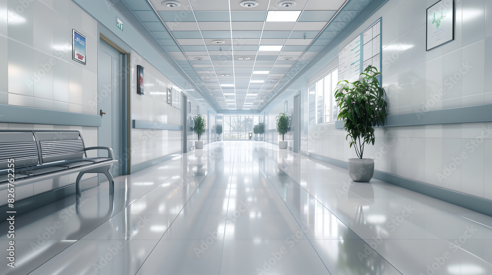 Modern Hospital Corridor: Calm & Order in Clinical Setting Modern Hospital Corridor: Calm & Order in Clinical Setting