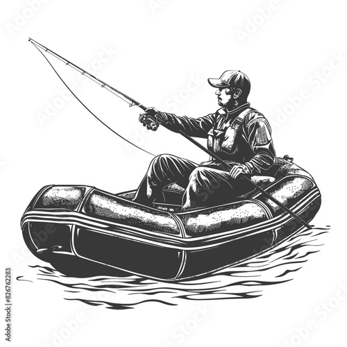 fisherman fishing using inflatable boat full body with engraving style black color only