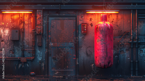 a vibrant red punching bag hangs in a dimly lit room  photo