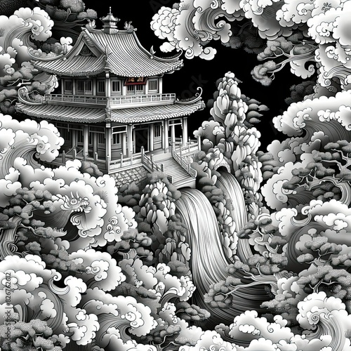 chinese style doodle cartoon seamless pattern image, in the style of monochromatic depth, #pixelart, detailed dreamscapes, dragoncore, dark black and white, photo